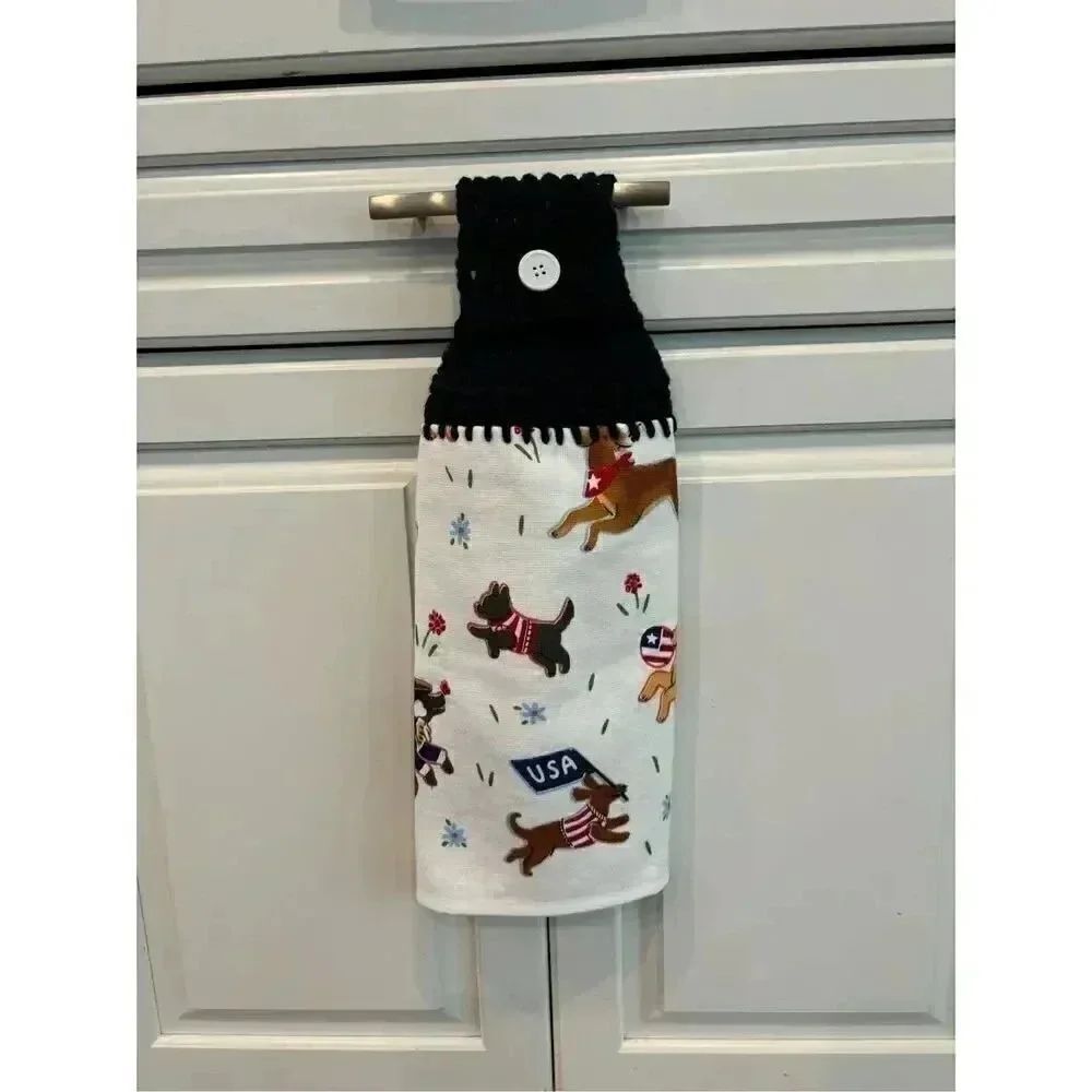 Crochet Top Kitchen Towel- Patriotic dogs